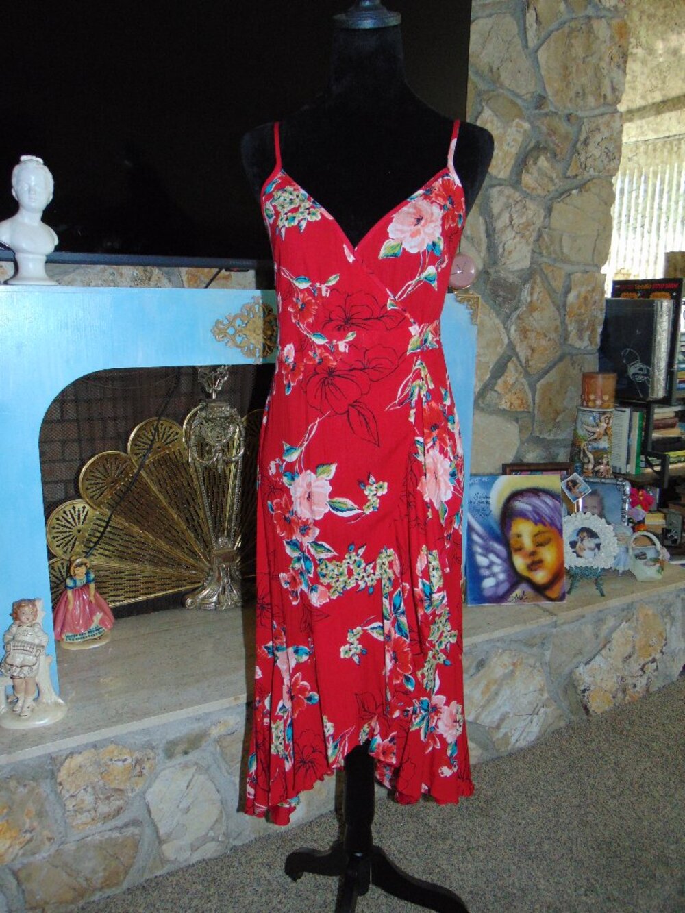 Band of Gypsies Dress Red Floral Wrap Midi XS Wrap Around Strappy Ruffle Hem